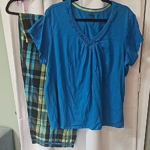 Blue V-Neck with Plaid Pants Pajama Set